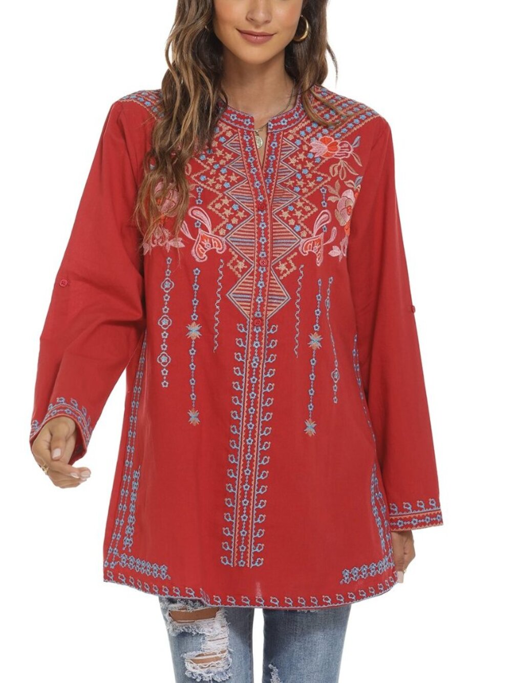 Boho Embroidered Long Sleeve Tunics Shirts for Women Mexican Peasant Blouses